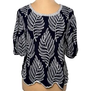 Solitaire Midnight Navy and White Embroidered Scalloped Hem Puff Sleeves Top